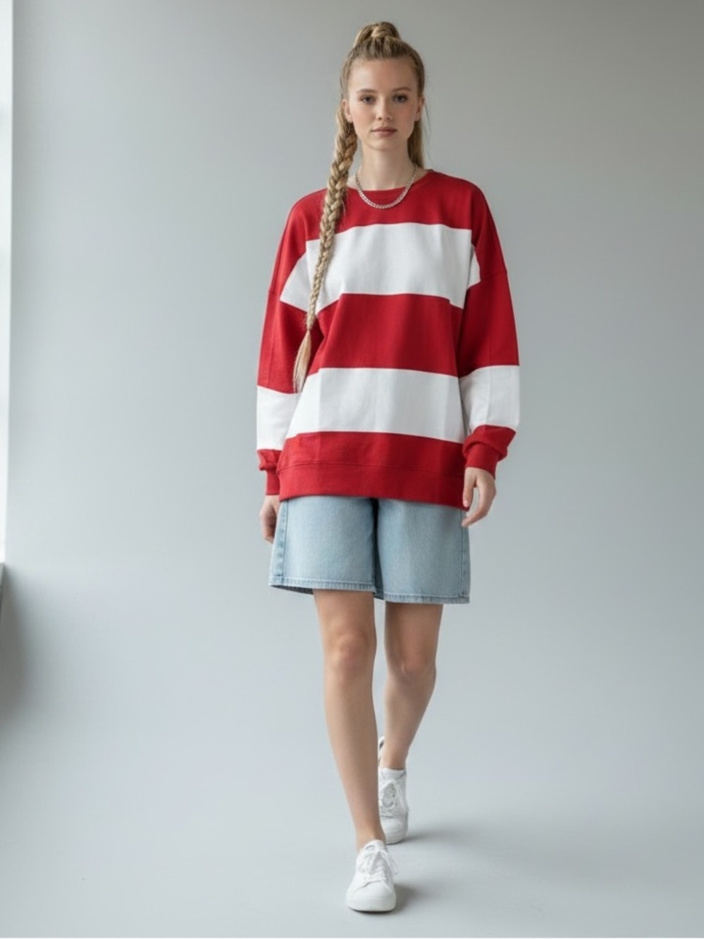 1061. Striped Colorblock drop shoulder sweatshirt red and white